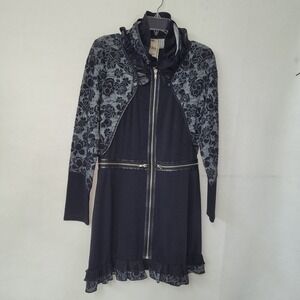 Vintage‎ Concept Black Floral Lace Trim Zipper Front Long Sleeve Dress M Goth